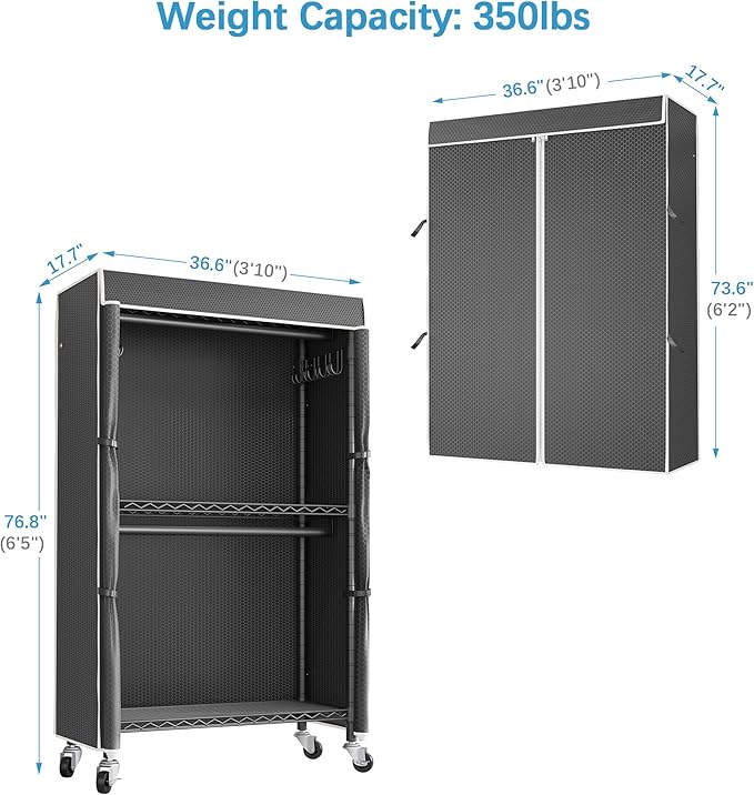 VIPEK R2C Heavy Duty Rolling Garment Rack with Cover, Portable Closets with Double Rods & Lockable Wheels, Covered Clothing Rack for Hanging Clothes, Black Rack with Black Upgraded Polyester Cover