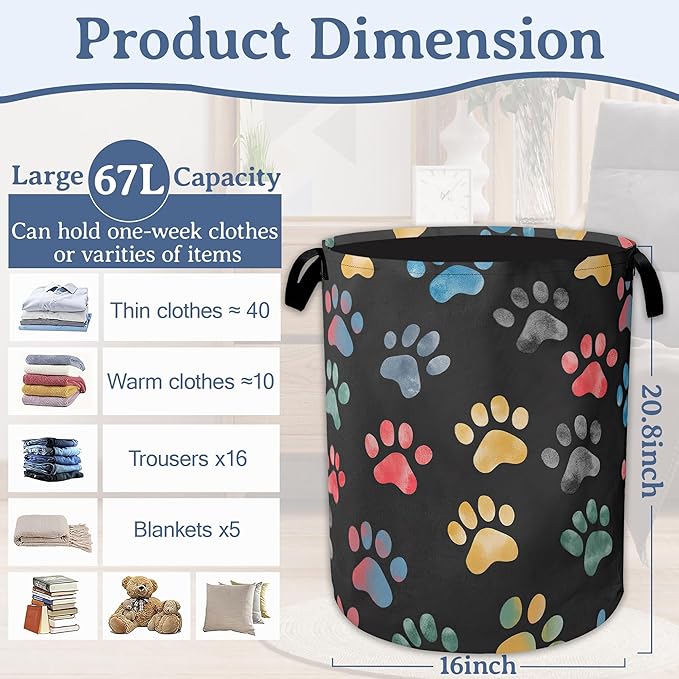 Cute Cat Dog Paw Prints Laundry Basket,Foldable Oxford Cloth Laundry Hamper With Handle, 20.8"x16" Portable Clothes Storage Basket Bag for Laundry Room/Bathroom/Bedroom/Dormitories