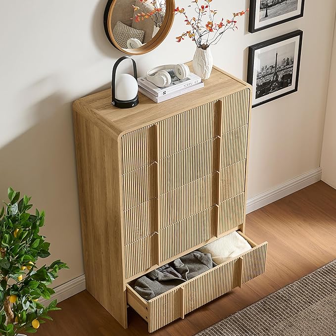 AMERLIFE Fluted 5 Drawer Dresser, 48" Tall Modern Chest of Storage Drawers with Pine Handles, Rounded Corners & Anti-Tip Design, Wood Closet Organizer for Bedroom, Living Room, Nursery, Natural Oak