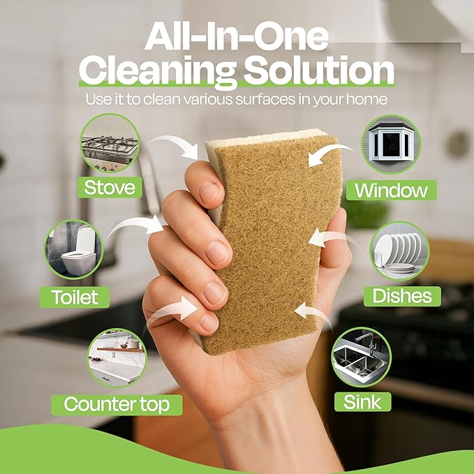 Super Eco Natural Kitchen Sponges Pack of 12 - Biodegradable Compostable Cellulose & Coconut Scrubber Sponge with Non-Scratch - Long Lasting, Eco Friendly Sponges for Dishes, Heavy Duty Dish Scrubber