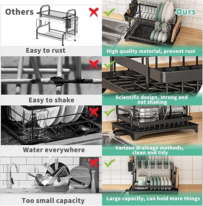 XLMYS Dish Drying Rack, 2 Tier Large Dish Drying Rack for Kitchen Counter with Drainboard Stainless Steel Dish Drainer for Dish/Knifes/Cup/Cutting Board, Black