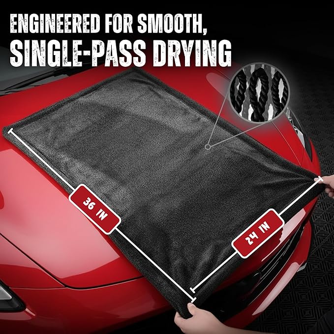 ags goods RAPIDWIPE 24" x 36" Ultra Drying Towel 1300 GSM Twisted Loop Microfiber, Super Absorbent, No Streaks or Lint, Double Sided – Reusable Car Wash Towel, Auto Detailing Cloth,