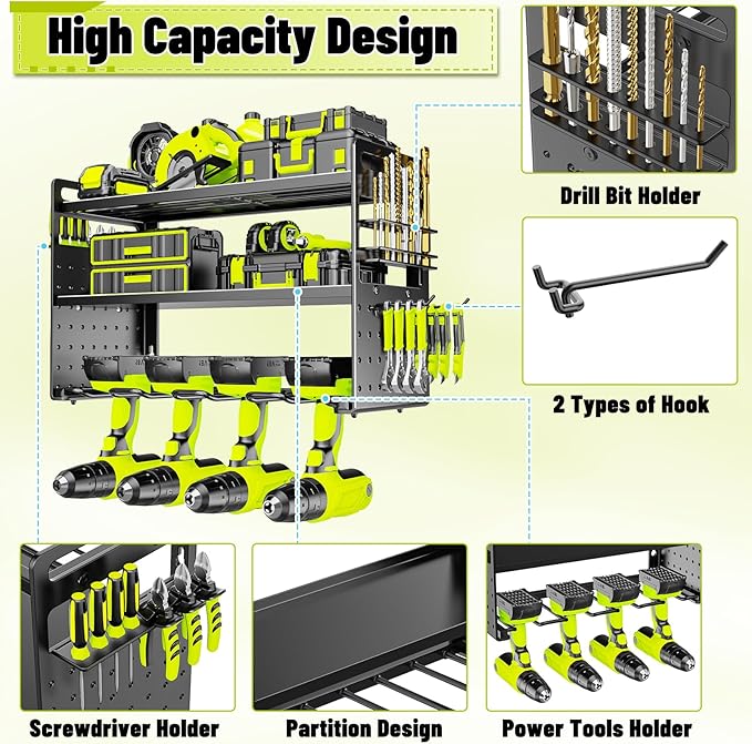 FaloStwer Power Tool Organizer Wall Mount, Drill Holder tool storage with Hooks & Screwdriver Organizer, Heavy Duty Iron 3 Layers Garage Storage Shelf for Workshop Shed Pegboard Basement(Black)