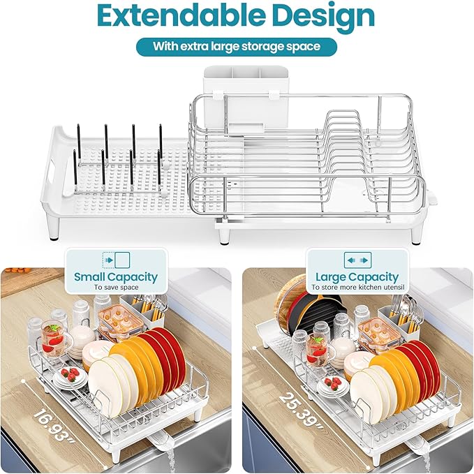 TOOLF Expandable Dish Rack, Dish Drying Rack for Kitchen Counter, Foldable Dish Dryer Rack, Stainless Steel Dish Drainer Racks with Cutlery Holder, Collapsible Dish Drying Racks Large Size, White