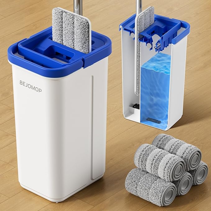BEJOMOP Mop and Bucket Set with Wringer, Dry & Wet Dust Mop for Household Floor Cleaning with 5 Microfiber Mops, Flat Squeeze Spin Wall Mop Cleaner with Long Handle, Slate Blue