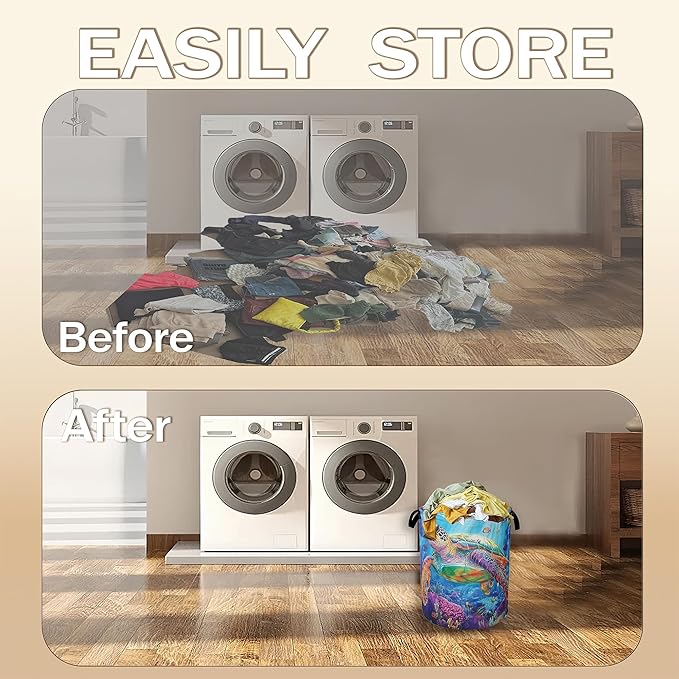 Collapsible Laundry Basket,Sea Turtle Dirty Clothes Hamper,Ocean Fish Coral Hampers for Bedroom Waterproof Oxford Cloth Storage Organizer for Bathroom,Nursery,Dorm,16x20 Inch