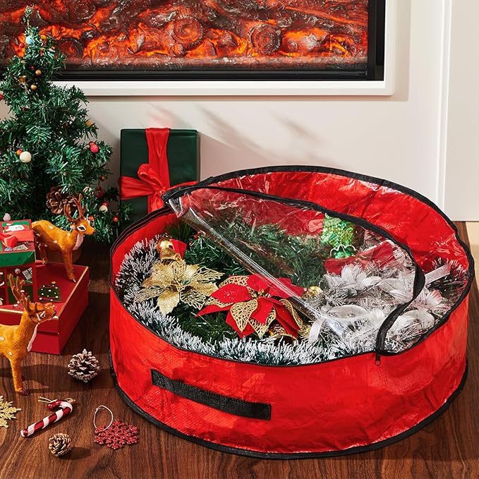 4 Pcs Christmas Wreath Storage Bag, Christmas Garland Storage Container with Clear Window, Zipper & Handle for Xmas Holiday Seasonal Wreath Garland Box(Red,30")