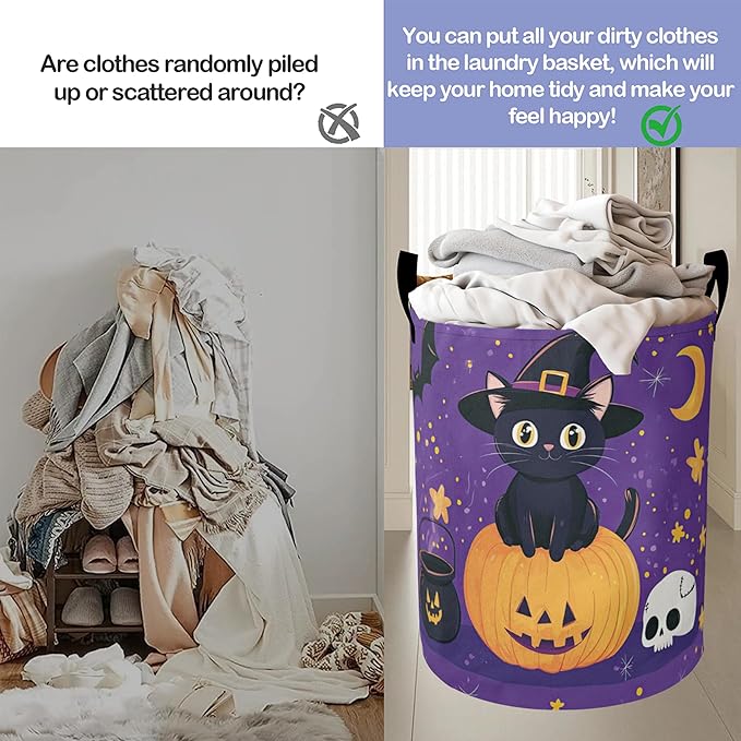 Laundry Basket,Halloween Cat Large Canvas Fabric Lightweight Storage Hamper Organizer Dirty Clothes Collapsible Waterproof for College Dorms,Bathroom