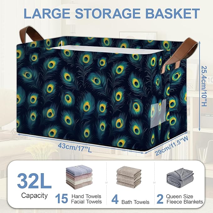 Retro Peacock Storage Basket with Handles,Collapsible Rectangle Organizer Bin for Room Decoration Books Box Baskets 17x11.5x10Inch