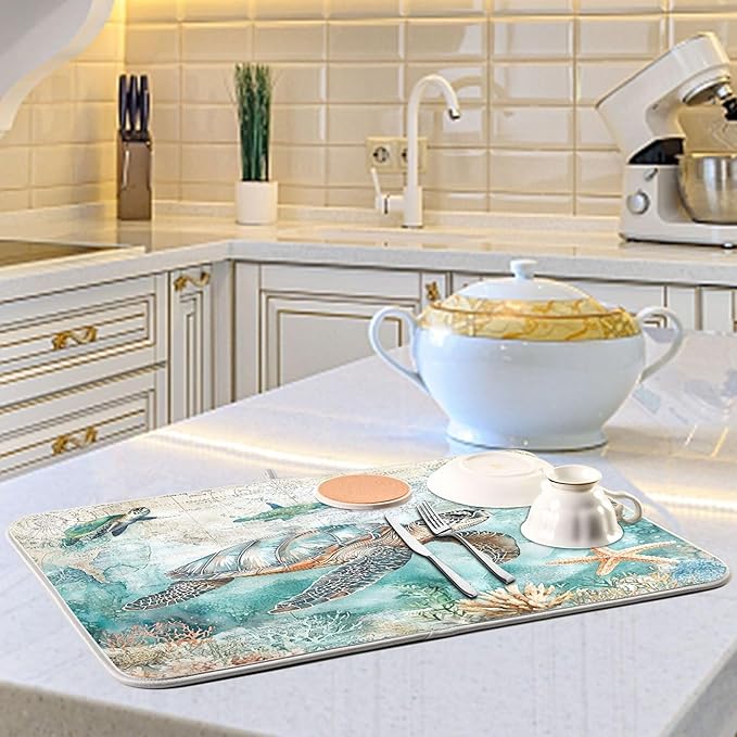 Nautical Theme Dish Drying Mat for Kitchen Counter Sea Horse Turtle Octopus Coastal Drying Mats Super Absorbent Reversible Microfiber Kitchen Countertop Protector Dishes Pad Large 18x24 inch