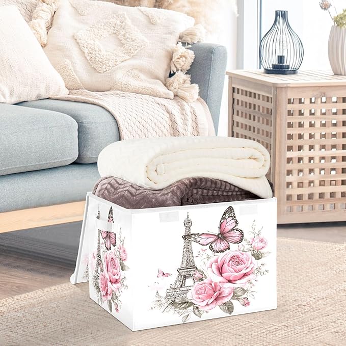 Bolaz Bow Flower Eiffel Tower Storage Bins with Lids and Handles, Foldable Storage Box Storage Basket with Cover Collapsible Organizer Containers for Home Closet, Shelves