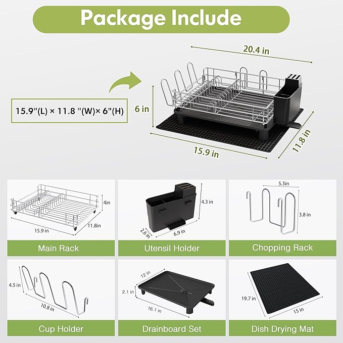 BOOSINY Grey Stainless Steel Dish Drainers Drying Rack for Kitchen Counter with Drainboard, Rust Proof Metal, Space Saving, Modern Aesthetic, Compact Plates Strainers with Extra Mat