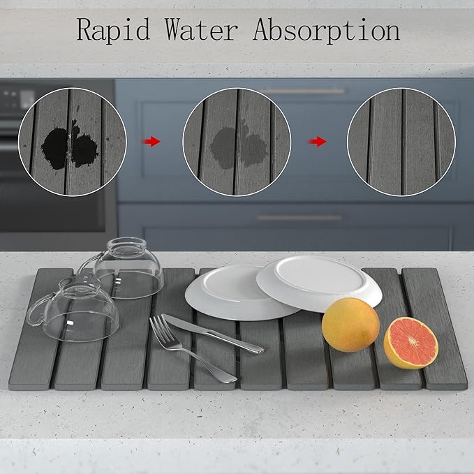 YEECOPON 23.6" x 15.4" Dish Drying Mat for Kitchen Counter, Foldable Fast Drying Stone Mats, Non-Slip Super Absorbent Diatomite Mat for Dishware & Fruits & Vegetables