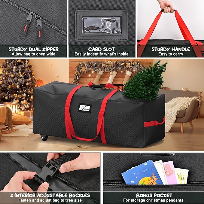 Mrrihand Christmas Tree Storage Bag, Large Artificial Anti-Tear Heavy-Duty 600D Oxford Cloth Xmax Christmas Tree Storage Box with Rolling Wheels, Christmas Tree Storage Container (Black, 9Ft)