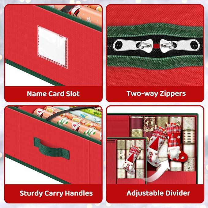 BlessedSeason Wrapping Paper Storage Organizer for 40 Inch Christmas Gifts Wrapping Paper, 2 Visible Supplies Pockets for Holiday Accessories, Christmas Decoration Storage Containers, Red