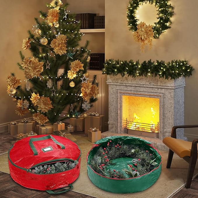 Christmas Wreath Storage Bag, 2 Pack 24" Xmas Wreath Storage Container, Garland Holiday Artificial Wreath Storage Holder with Heavy Duty Handles
