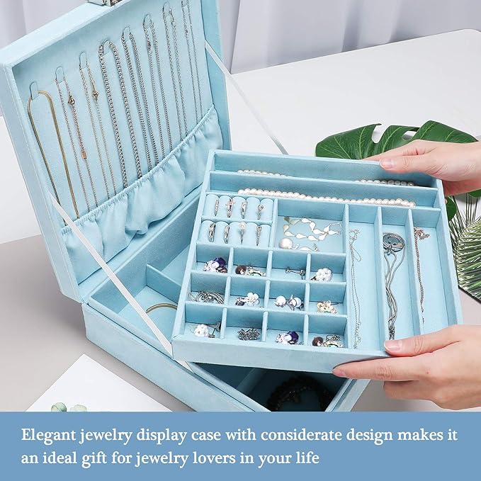 ProCase Velvet Jewelry Box Organizer for Women, 2 Layer Jewelry Display Storage Holder Case for Necklace Earrings Bracelets Rings -Blue