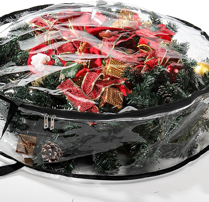 Hedume 2 Pack Wreath Storage Bag, 30" X 8" Clear Everyday Bag, Christmas Wreath Storage Container with Dual Zippered and Reinforced Handle for Holiday Seasonal Wreath Garland
