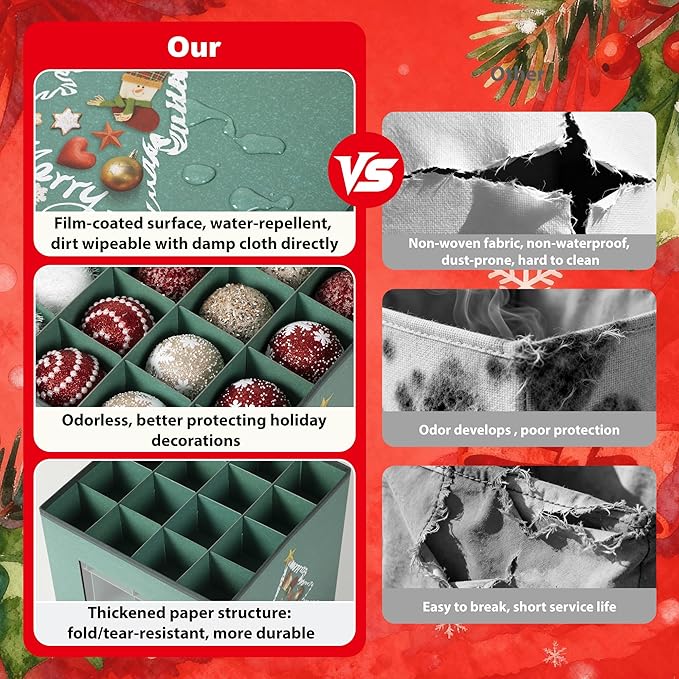 Christmas Ornament Storage Box with Lid - Holds 64 Ornaments, Large Sturdy & Foldable Organizer Case for Holiday Decor 11.8x11.8x11.8 Inch