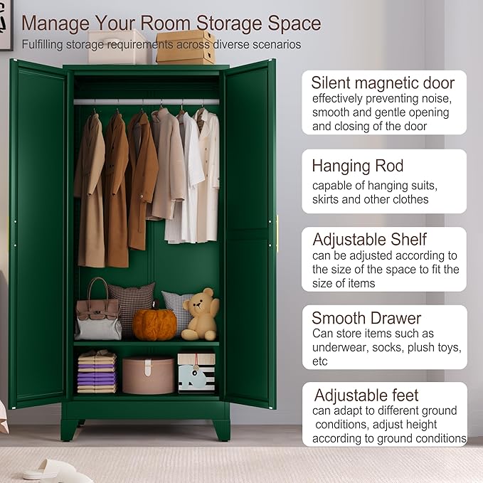 71" Metal Armoire Wardrobe Closet, Steel Clothing Storage Cabinet with Mirror and Adjustable Shelves, Household Steel Wardrobes Storage Cabinet with Adjustable Standing Feet and Hanging Rod（Green）