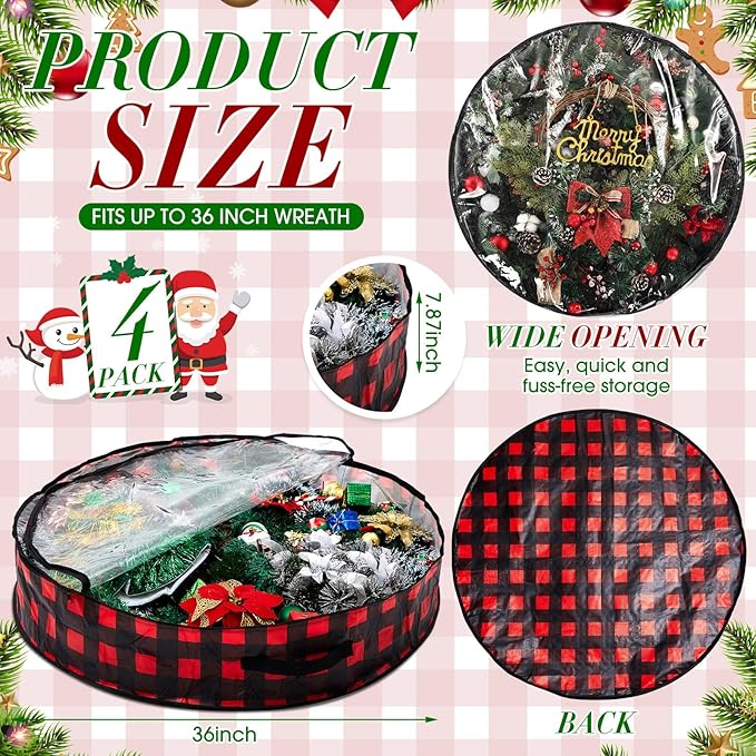 Aliceset 4 Pack Wreath Storage Containers, Christmas Ornament Garland Wreath Storage Bags with Handle Dual Zipper Large Decorative Storages Box for Winter Wreaths(36 x 36 x 7.8 Inch,Red Black Plaid)