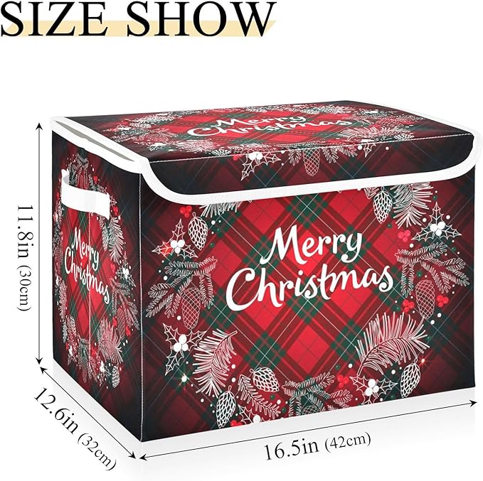 Christmas Baskets Collapsible Storage Bins with Lids, Christmas Monogram Wreath Tartan Plaid Storage Boxes Clothes Baskets for Organizing