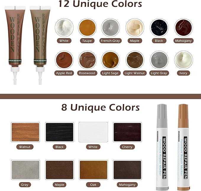 Oriflame Wood Furniture Repair Kit: 12-Color Filler and 8-Color Markers - Wood Touch Up for Scratches/Cracks/Holes/Stains in Floors/Table/Cabinets(Hardwood/Laminate)
