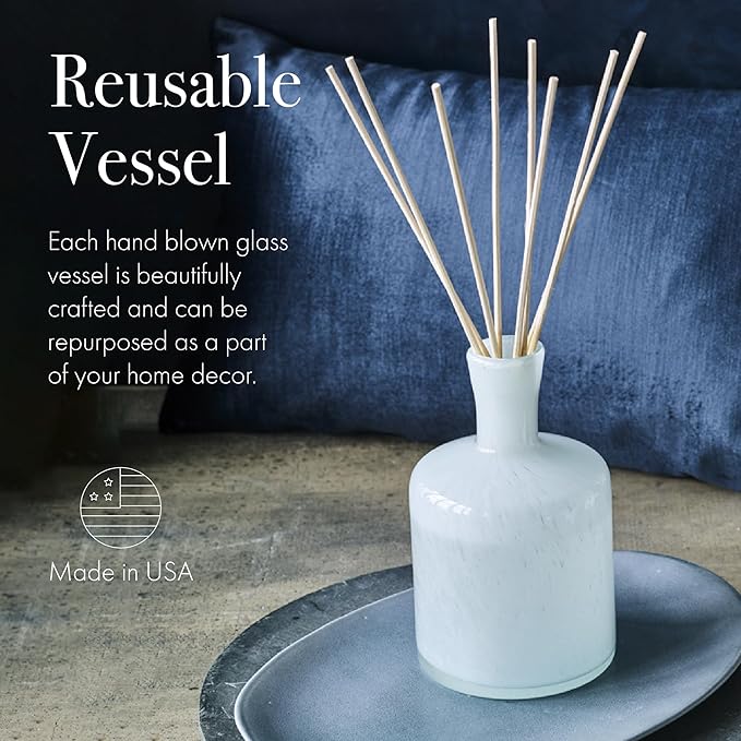 LAFCO New York Signature Reed Diffuser, Marine - 15 oz - Up to 9 Months Fragrance Life - Reusable, Hand Blown Glass Vessel - Natural Wood Reeds - Made in The USA