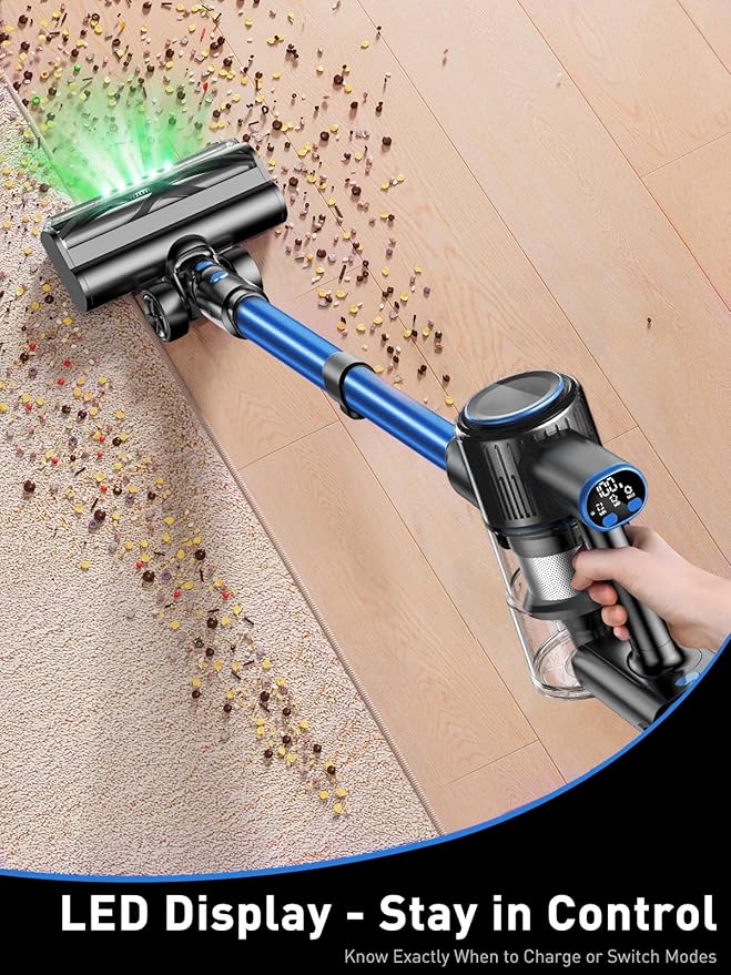 OUYFHK Cordless Vacuum Cleaner, 45000Pa/450W/50Mins Vacuum Cleaners for Home, 8-in-1 Stick Vacuum with LED Screen, Anti-Tangle, Lightweight Rechargeable Vacuum for Carpet Pet Hair Hardwood Floor Blue