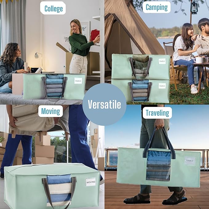 VENO 10 Pack Heavy Duty Moving Bags, Christmas Storage Bins with Lids, Transparent Window Design, Alternative to Moving Boxes, Storage Bags for Clothes, Blankets, Comforters(Shiny Light Green,10 Pack)