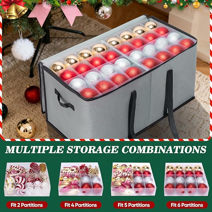 BALEINE Christmas Ornament Storage Box with Dividers, Premium Holiday Ornaments Storage Container Bin for Xmas Decorations (128 Ball, Red, Soft)
