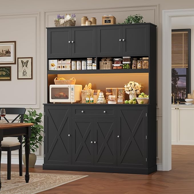 HIFIT 72.8” Tall Kitchen Pantry Cabinet with LED & Charging Station, 55” Wide Farmhouse Pantry Storage Cabinet with Microwave Stand&Shelves&Barn Doors, Black Kitchen Hutch Coffee Bar for Living Room