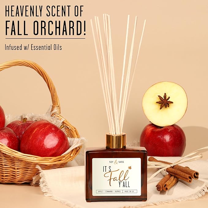 Fall Reed Diffusers for Home Set, Fall Diffuser -It's Fall Y'all! w/Apple, Cinnamon & Nutmeg I Infused w/Essential Oils I Fall Smells for House I 5.75 OZ Oil Scent Lasts 4-6 Month's, Made in The USA