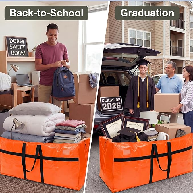 Windyun 4 Pack 98 Gallon Extra Large Moving Bags XXL Heavy Duty Storage Bag with Strong Zipper Handle Jumbo Big Tote Box Foldable for College Dorm Travel Clothes Duffle Blanket Pillow(Orange)