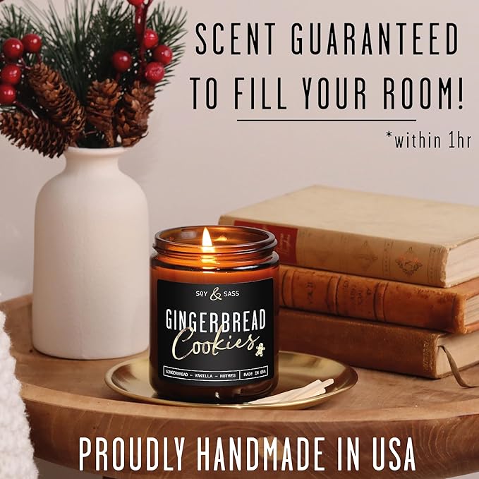 Gingerbread Candle, Christmas Candles Scented – ‘Gingerbread Cookies’ Soy Candle, w/Gingerbread, Cinnamon & Vanilla - Infused with Essential Oils I 9oz, 50Hr, Made in USA