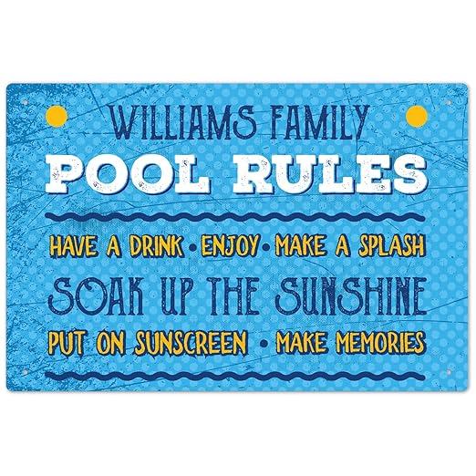 Custom Pool Sign, Pool Rules Make A Splash for Pool Décor Sign, 12x18 Inches, Rust Free .063 Aluminum, Fade Resistant, Made in USA by Sigo Signs