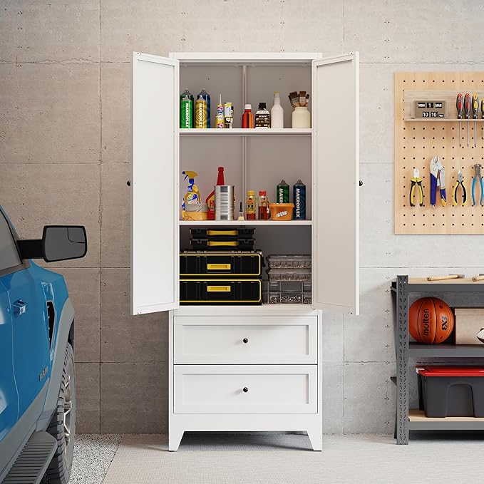 Kitchen Pantry Cabinet, 72" H Storage Cabinet with Doors and Adjustable Shelves, Metal Bathroom Cabinets with Drawers, Utility Cabinets for Kitchen, Living Room, Assembly Required, White