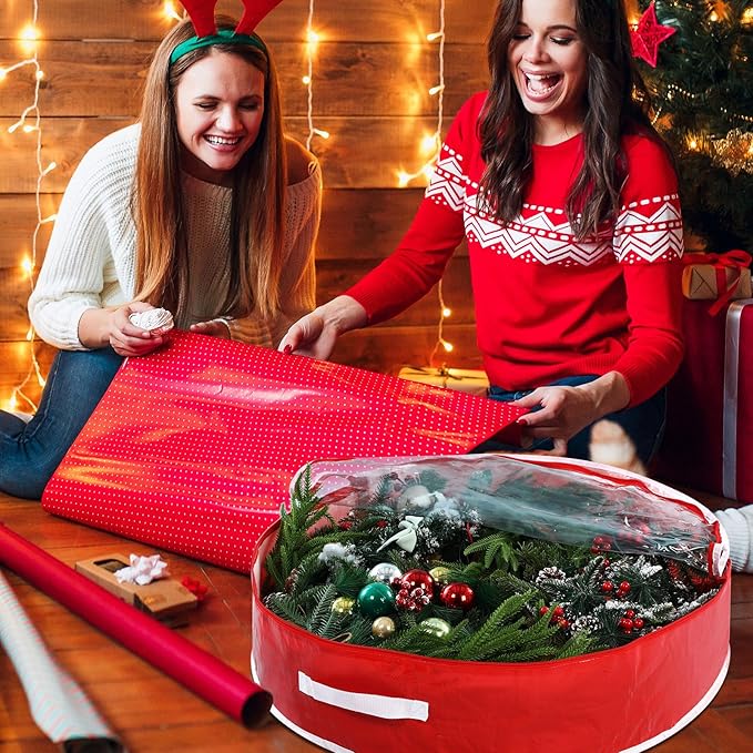 4 Pcs 30 Inch Christmas Wreath Storage Bag Candy Cane Wreath Storage Container Clear Window Dual Zipper Handle Red White Peppermint Garland Organizer for Holiday Decoration, Cute Lollipop