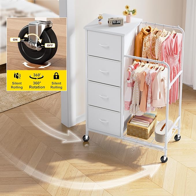 47.3" H Dresser with Hanging Rack, 4 Fabric Drawers with Double Clothes Rack & Wheels, Tall Closet Organizer Dresser for Bedroom, Entryway, White, 15.8" D x 29.9" W x 47.3" H