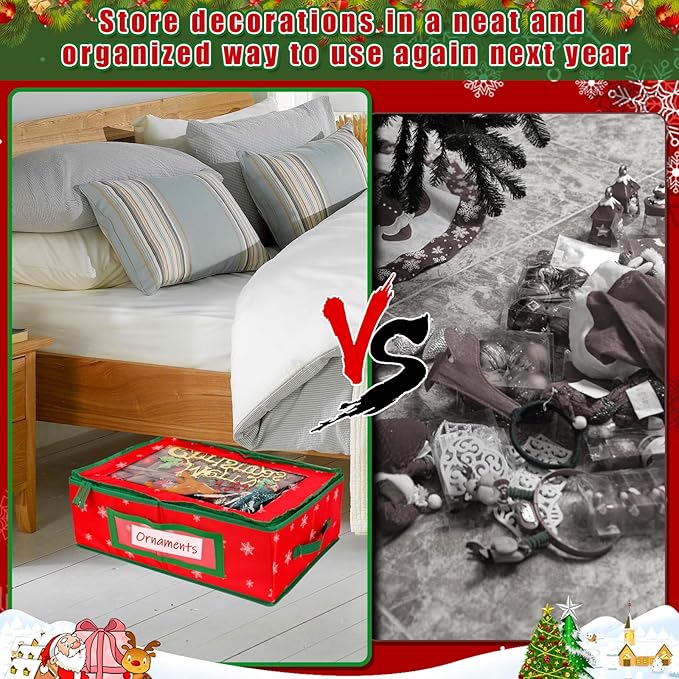 Hysagtek Ornament Storage Box, Underbed Christmas Ornament Storage Container with Dividers, 2 Removable Trays for 48-3” Ornaments, Christmas Storage Containers with Handles for Holiday Decorations