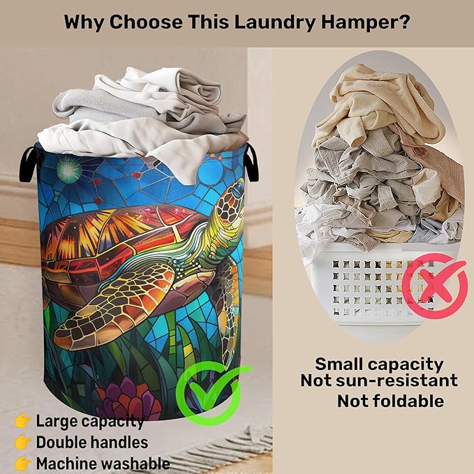 Sea Turtle Foldable Canvas Laundry Basket with Handles - Toy Organizer, Heavy Duty for Home，Bedroom, Dorm, Bathroom