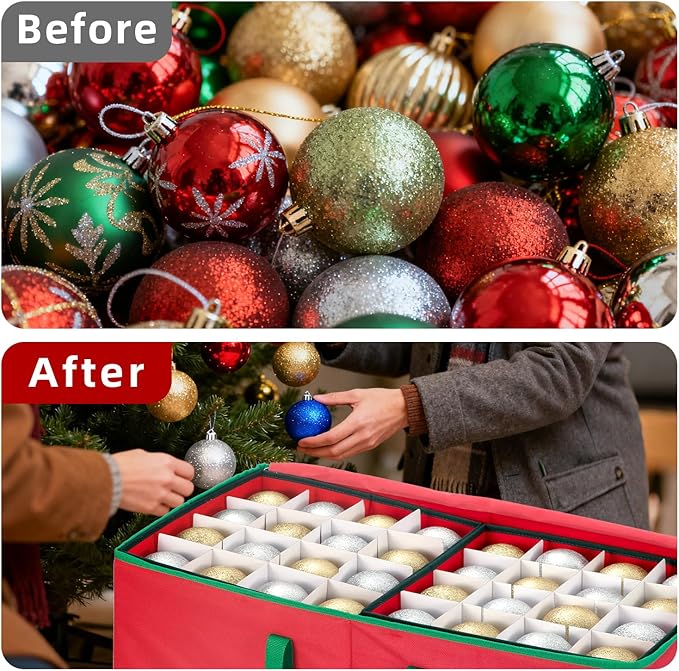 JY COOKMENT Christmas Ornament Storage Box with Adjustable Dividers and Side Pockets, Large Ornaments Storage Container Bin with Zippered Top for Xmas Decorations (128-3" Balls, Red, With Tray)