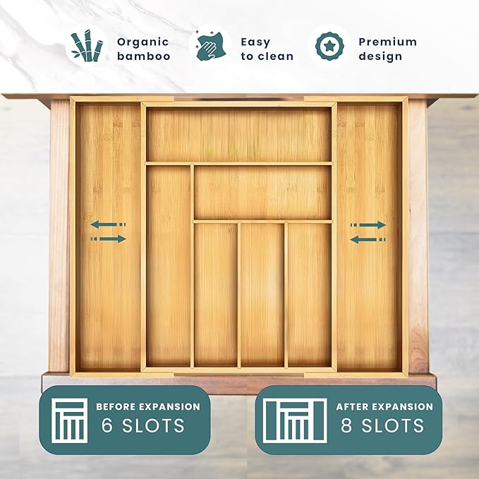 Sben Expandable Drawer Organizer for Utensils Holder, Adjustable Cutlery Tray, Wood Drawer Dividers Organizer for Silverware, Flatware, Knives for Kitchen (Bamboo, Medium)