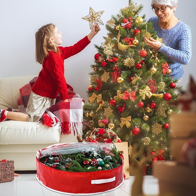 4 Pcs 30 Inch Christmas Wreath Storage Bag Candy Cane Wreath Storage Container Clear Window Dual Zipper Handle Red White Peppermint Garland Organizer for Holiday Decoration, Cute Lollipop