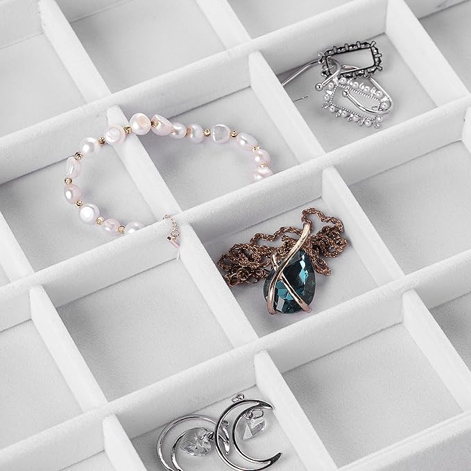 Frebeauty Velvet Jewelry Tray,12 Grid Jewelry Organizer with Clear Lid,Bracelets Holder,Jewelry Display Case with Clasp,Drawer Insert Bangle Brooch,13.8 x 9.5 x 2 Inches,Gift for Women Girls(White)