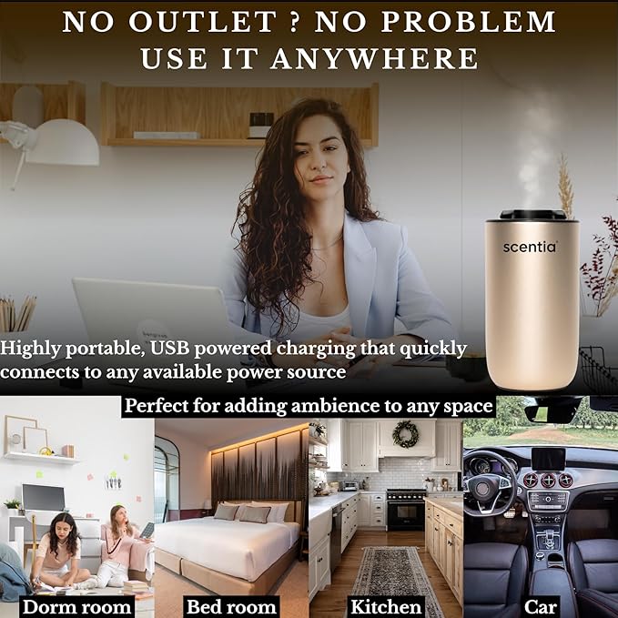 Scentia Gold MiniPod Nebulizer Diffuser + Smart Car Freshener – Waterless Essential Oils, Dual Mode Car/Home, Rechargeable Auto Shut-Off, 3 Lights – Ideal Teen Girl Holiday/Thanksgiving Gift