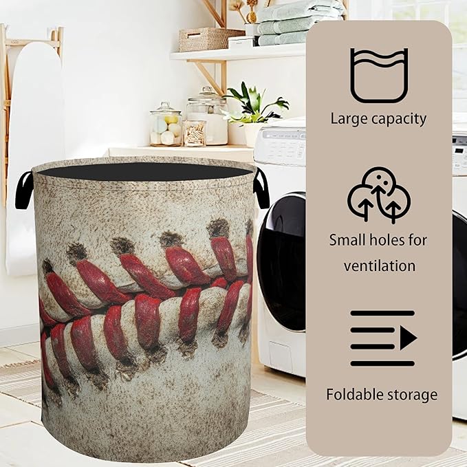 Retro Baseball Laundry Basket with Handles - Extra Large Foldable Hamper for Bathroom/Laundry/Bedroom/Dorm, Washable Fabric Storage Bin