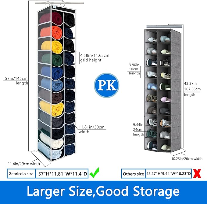 zebricolo, Closet Organization,24 Section, Hanging Closet Organizer, Space saving, College Dorm Essentials for Girls, heavy dutys hooks Up to 45 Pounds, Clothes Storage,Closet Organizer,Black/White