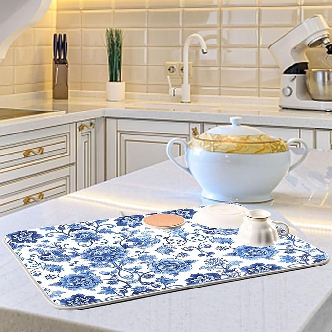 Blue White Porcelain Peony Dish Drying Mat for Kitchen Countertop 18x24 Rectangle Large Drying Mat Reusable Quick Dry Dish Sink Absorbent Mats Dishwasher Easy Clean Decorative Home Decor Essentials
