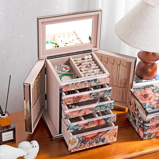 High End Glass Jewelry Box, 5 Layer Jewelry Organizer with 2-Sided Doors and Mirror, Velvet-Lined Organizer For Ring, Necklace, Earring, Bracelet Storage - Valentine's Day Gifts For Women